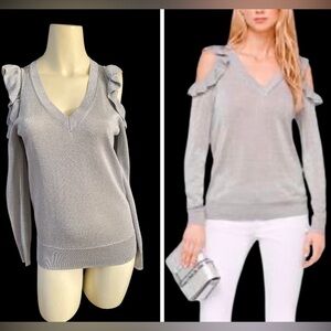 Michael Kors metallic knit ruffled cold-shoulder sweater, long sleeve